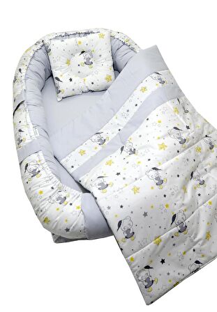 Berababy Babynest Pikeli Gri Ayıcık Model Bebek Yuvası 3 Parça Set