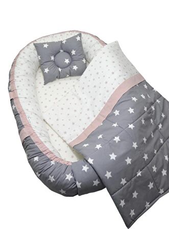 Berababy Babynest Pikeli Gri ve Pudra Kombin Bebek Yuvası 3 Parça Set