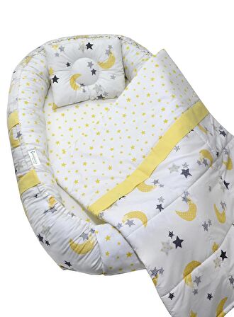 Berababy Babynest Pikeli Sarı Ay Model Bebek Yuvası 3 Parça Set