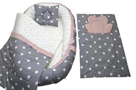 Berababy Babynest Alt Açma Minderli Gri ve Pudra Tasarım Bebek Yuvası 4 Parça Set