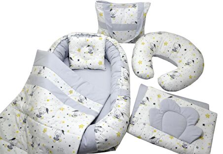 Berababy Babynest Emzirme Yastıklı Gri Ayıcık Model Bebek Yuvası 6 Parça Set