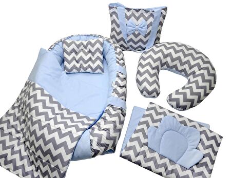 Berababy Babynest Emzirme Yastıklı Gri ve Mavi Tasarım Bebek Yuvası 6 Parça Set