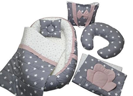 Berababy Babynest Emzirme Yastıklı Gri ve Pudra Tasarım Bebek Yuvası 6 Parça Set