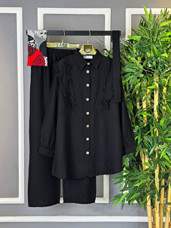 YENİ SEZON TESETTÜR İKİ KADIN ÇİLEK KUMAŞ - FIRFIRLI GÖMLEK PANTOLON ALT ÜST TAKIM