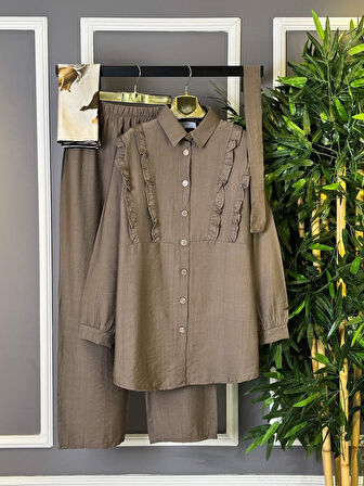 YENİ SEZON TESETTÜR İKİ KADIN ÇİLEK KUMAŞ - FIRFIRLI GÖMLEK PANTOLON ALT ÜST TAKIM