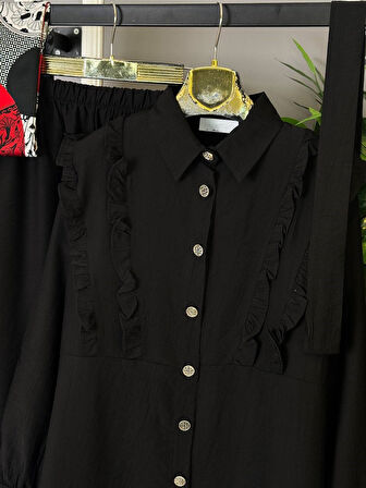 YENİ SEZON TESETTÜR İKİ KADIN ÇİLEK KUMAŞ - FIRFIRLI GÖMLEK PANTOLON ALT ÜST TAKIM