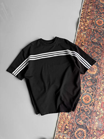 OVERSIZE KOL OMUZ ÇİZGİLİ PENYE TİŞÖRT