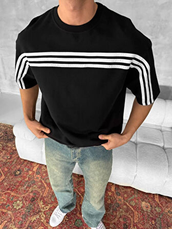 OVERSIZE KOL OMUZ ÇİZGİLİ PENYE TİŞÖRT