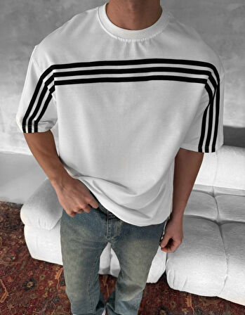 OVERSIZE KOL OMUZ ÇİZGİLİ PENYE TİŞÖRT