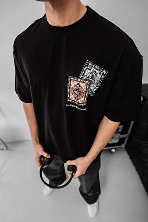 2 İPLİK LİKRALI OVERSIZE TİŞÖRT - KİLİM DESENLİ OVERSIZE T-SHIRT