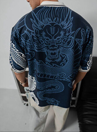 REAL EJDERHA BASKILI YAKALI T-SHIRT - EJDERHA DRAGON BASKILI YAKALI OVERSIZE TİŞÖRT