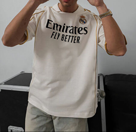 OVERSIZE REAL SARI ŞERİTLİ KISA KOLLU TİŞÖRT - MADRİD KALİTELİ PENYE KUMAŞ t-shirt