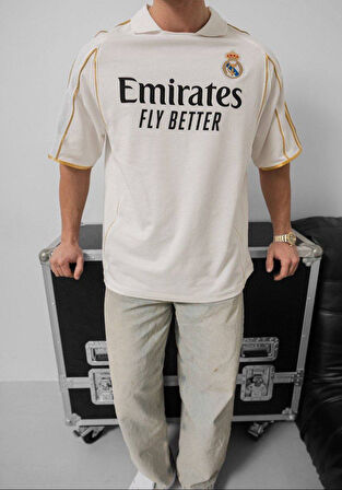 OVERSIZE REAL SARI ŞERİTLİ KISA KOLLU TİŞÖRT - MADRİD KALİTELİ PENYE KUMAŞ t-shirt