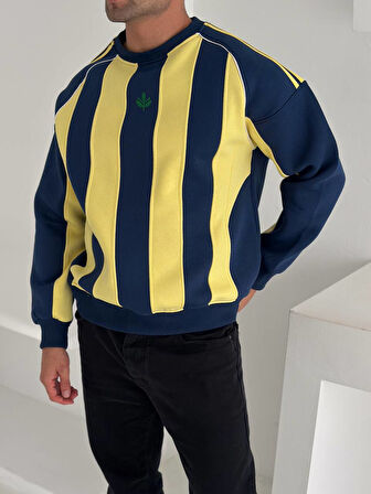 SARI LACİVERT ÇİZGİLİ SWEAT - OVERSIZE ŞARDONLU SWEATSHIRT
