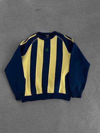SARI LACİVERT ÇİZGİLİ SWEAT - OVERSIZE ŞARDONLU SWEATSHIRT