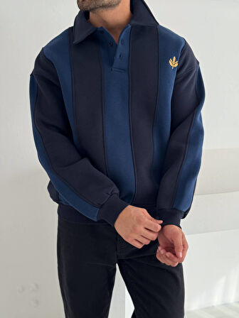 SARI LACİVERT EŞOFMAN ÜSTÜ - OVERSIZE ÇİZGİLİ SWEAT %100 PENYE