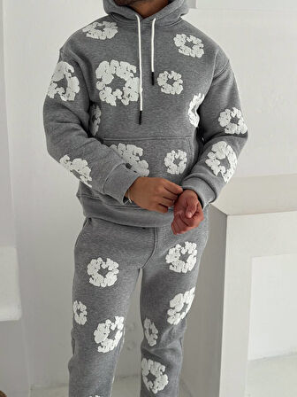 OVERSIZE ŞARDONLU KAPŞONLU EŞOFMAN TAKIM - ÇİÇEK DESENLİ SWEATSHIRT PANTOLON