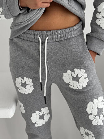 OVERSIZE ŞARDONLU KAPŞONLU EŞOFMAN TAKIM - ÇİÇEK DESENLİ SWEATSHIRT PANTOLON