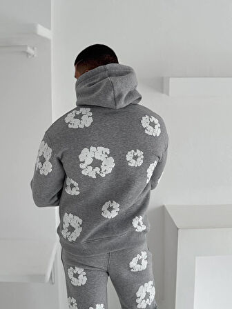 OVERSIZE ŞARDONLU KAPŞONLU EŞOFMAN TAKIM - ÇİÇEK DESENLİ SWEATSHIRT PANTOLON