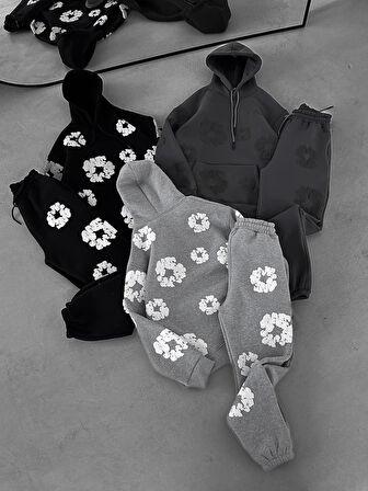 OVERSIZE ŞARDONLU KAPŞONLU EŞOFMAN TAKIM - ÇİÇEK DESENLİ SWEATSHIRT PANTOLON