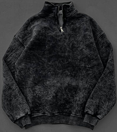 YIKAMALI KUMAŞ OVERSIZE DÜĞMELİ YAKALI SWEAT - %100 PENYE OVERSIZE SWEATSHIRT