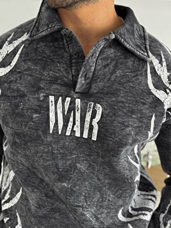 YIKAMALI KUMAŞ OVERSIZE DÜĞMELİ YAKALI SWEAT - %100 PENYE OVERSIZE SWEATSHIRT