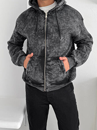 KAPŞONLU FERMUARLI HIRKA - YIKAMALI PENYE ŞARDONLU OVERSIZE HIRKA