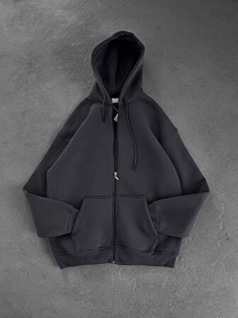 OVERSIZE KAPŞONLU FERMUARLI HIRKA - ŞARDONLU 3 İPLİK %100 KOMPAKT PENYE HIRKA