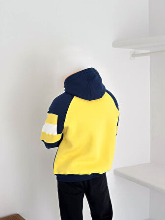 KAPÜŞONLU SARI LACİVERT ÇİZGİLİ OVERSIZE SWEATSHIRT - ŞARDONLU KALİTELİ SWEAT