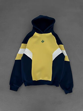 KAPÜŞONLU SARI LACİVERT ÇİZGİLİ OVERSIZE SWEATSHIRT - ŞARDONLU KALİTELİ SWEAT
