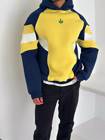 KAPÜŞONLU SARI LACİVERT ÇİZGİLİ OVERSIZE SWEATSHIRT - ŞARDONLU KALİTELİ SWEAT