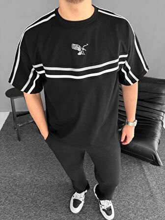 2 İPLİK PENYE KUMAŞ SİYAH BEYAZ TİŞÖRT - YENİ SEZON SİYAH BEYAZ ÇİZGİLİ KARTAL T-SHIRT