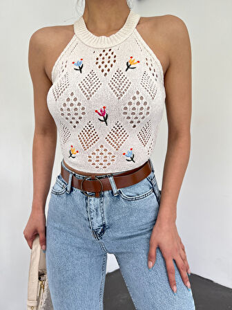 AJURLU ÇİÇEK NAKIŞLI CROP HIRKA - TRİKO CROP HIRKA