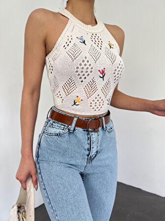 AJURLU ÇİÇEK NAKIŞLI CROP HIRKA - TRİKO CROP HIRKA
