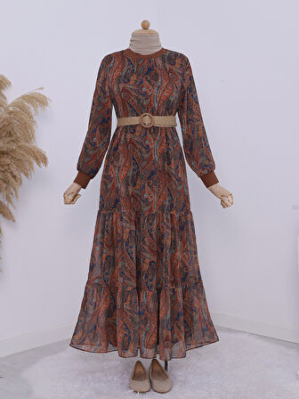 ETNİK DESENLİ ASTARLI ELBİSE - PARÇALI ETEKLİ ASTARLI ŞİFON UZUN ELBİSE