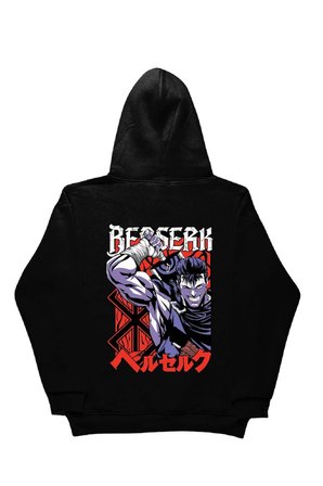 Lenithra Berserk Guts Anime Sırt Baskılı Unisex Oversize Hoodie Siyah / XL