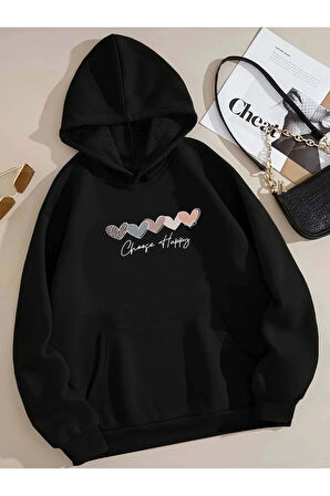Kelebek Desenli Kapüşonlu Cepli Sweatshirt