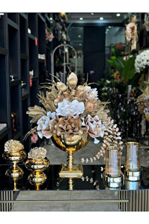 Yapay Çiçekli Gold Kare Ayak Vazo 5 Parça Set No:6