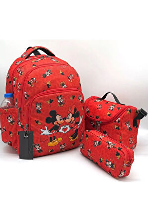 3lü Set Kız Okul Çantası Mickey Okul Çantası Kırmızı