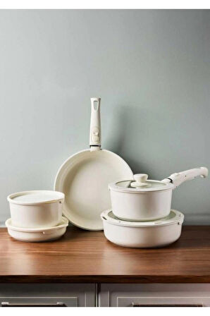  Beta Beige Tencere Tava Seti - 15 Parça Alüminyum Döküm Indüksiyonlu Seramik Kaplama Set bej