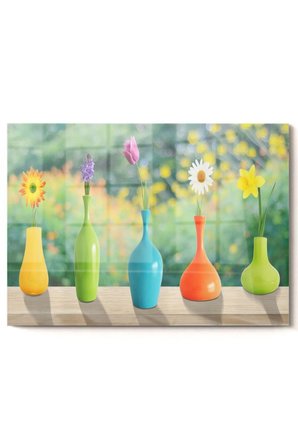 Renkli Çiçekler Ve Vazolar|doğa Temalı Cam Tablo | Dekoratif Cam Tablo | 50x70 Cm