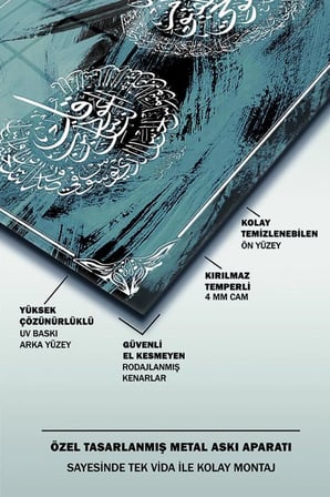 Ayet-El Kursi, Felak ve Nas Sureleri Kaligrafi 4 İslamı Yatay Cam Tablo