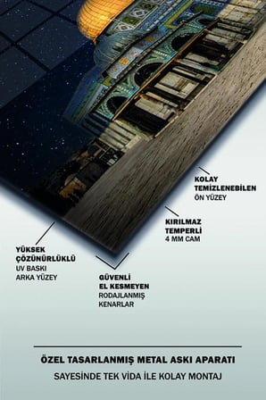 Yıldızlı Gecede Mescid-i Aksa Yatay İslami Cam Tablo