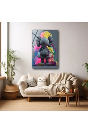 Kaws Cam Duvar Dekoru , Modern Cam Tablo , Renkli Duvar Tablosu , Temperli Cam Üzeri Baskı