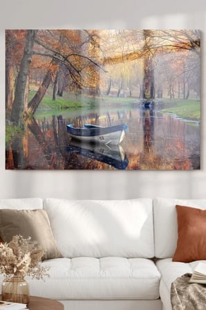 Sonbahar Orman Ve Kayık | Doğa Temalı Cam Tablo | 50x70 Cm
