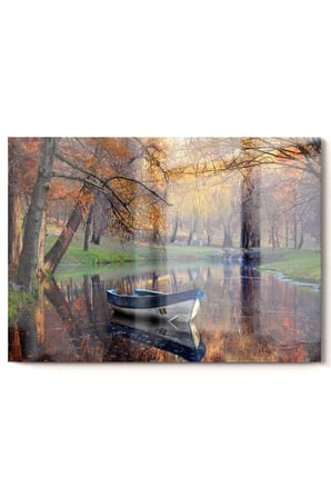 Sonbahar Orman Ve Kayık | Doğa Temalı Cam Tablo | 50x70 Cm