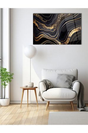 Soyut Siyah Gold Mermer Deseni Yatay Cam Tablo , Modern Ev Ofis Salon Duvar Dekoru , Hediyelik Tablo