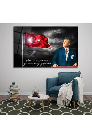 Atatürk ve Vatanını En Çok Seven Görevini En İyi Yapandır Yüksek Çözünürlüklü Yatay Cam Tablo