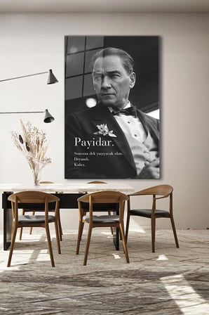 Atatürk Özel Tasarım Siyah Beyaz Dikey Cam Tablo