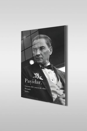 Atatürk Özel Tasarım Siyah Beyaz Dikey Cam Tablo
